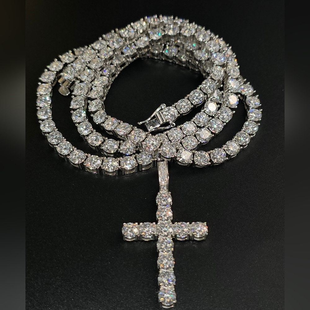 ✨ 80+ CTW Moissanite Tennis Chain & Cross Pendant Set – 5mm ✨